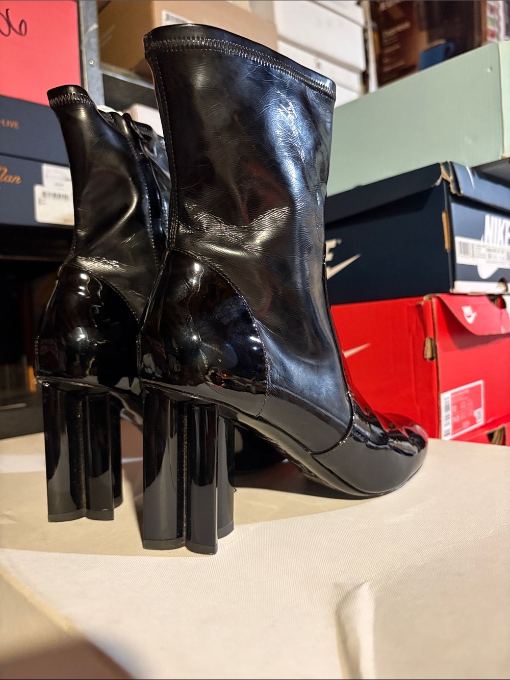 Black Patent Mid-Calf Block Heel Boots - Picture 11 of 13